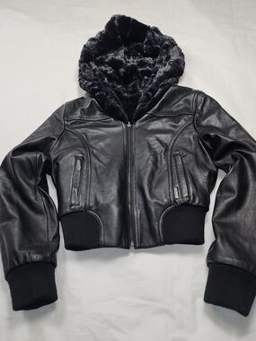 VTG Y2K Sean John Women's Reversible Black Leather Bomber Jacket Size Small